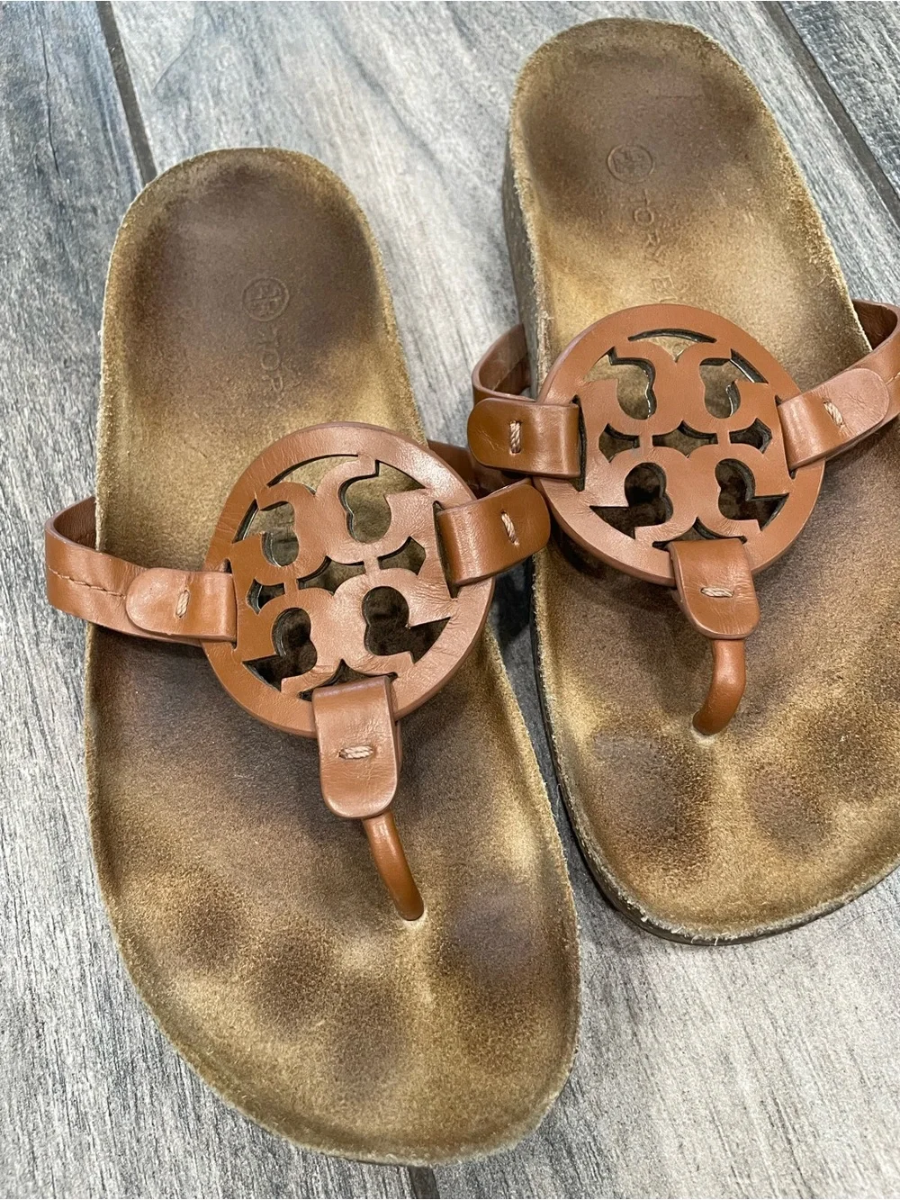 Tory Burch Cognac Leather Logo Thong Sandals